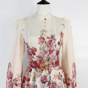 Floral print dress with long sleeves, high neck, and belt, high quality midi length