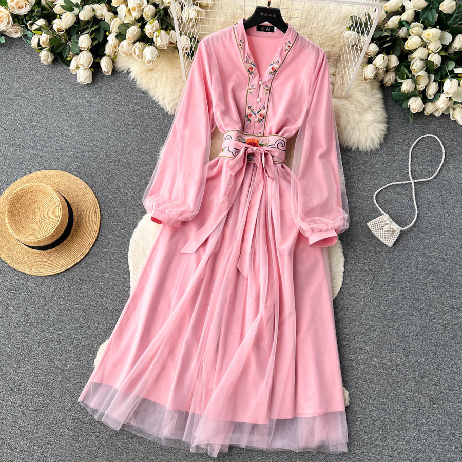 High Quality Pearl Button V Neck Long Sleeve Lace Up Patchwork Mesh Dresses