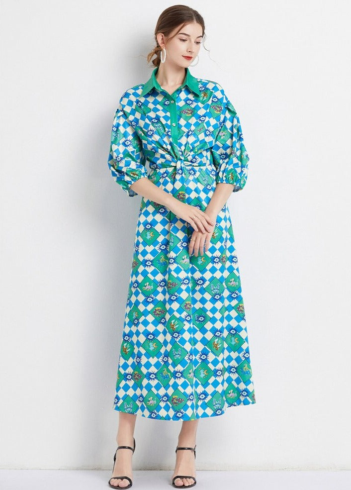 High Quality Three Quarter Sleeve Square Print Long Dress