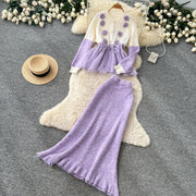 Elegant Knit Patchwork Two Pieces Sets Chic Vintage Cardigan High Waist Mesh Mermaid Skirt Casual Vacation Sets
