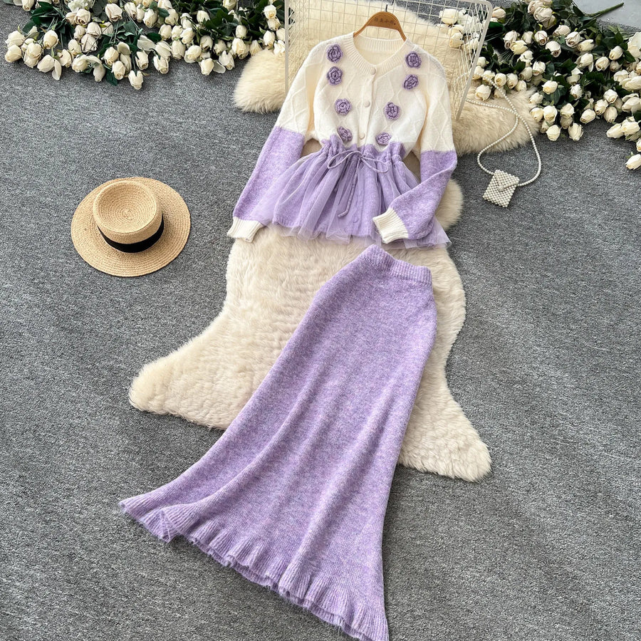 Elegant Knit Patchwork Two Pieces Sets Chic Vintage Cardigan High Waist Mesh Mermaid Skirt Casual Vacation Sets