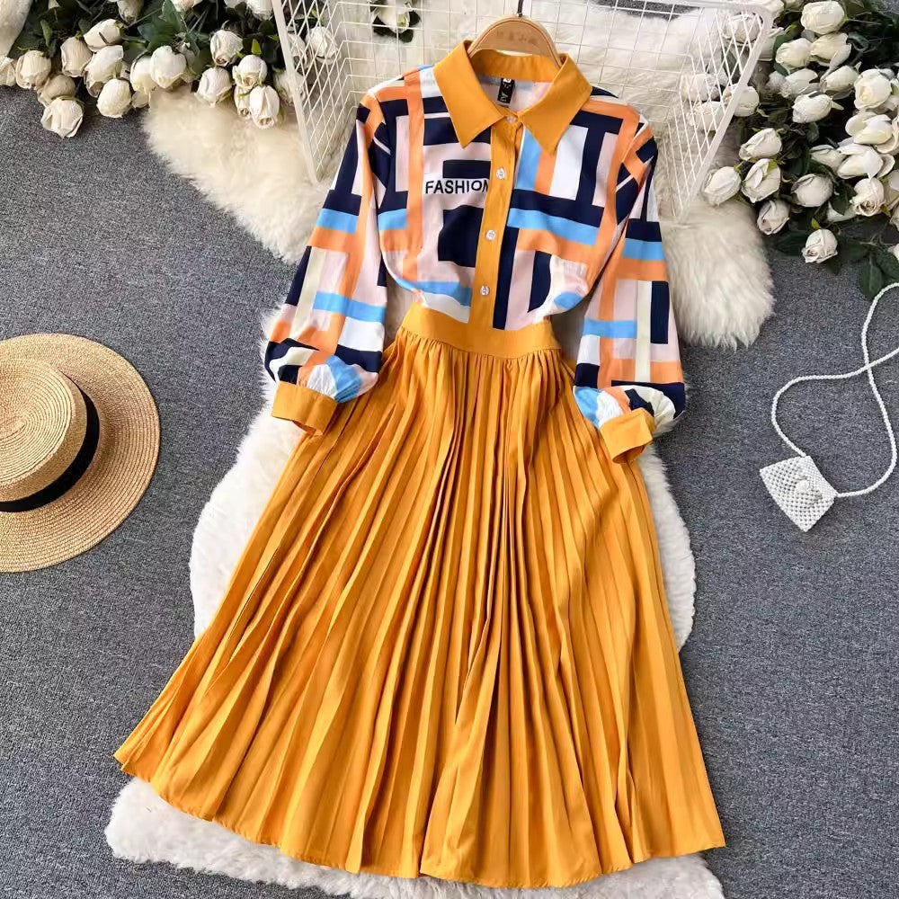 High Quality Contrast Color Geometric Print Midi Long Sleeve Pleated Shirt Dress