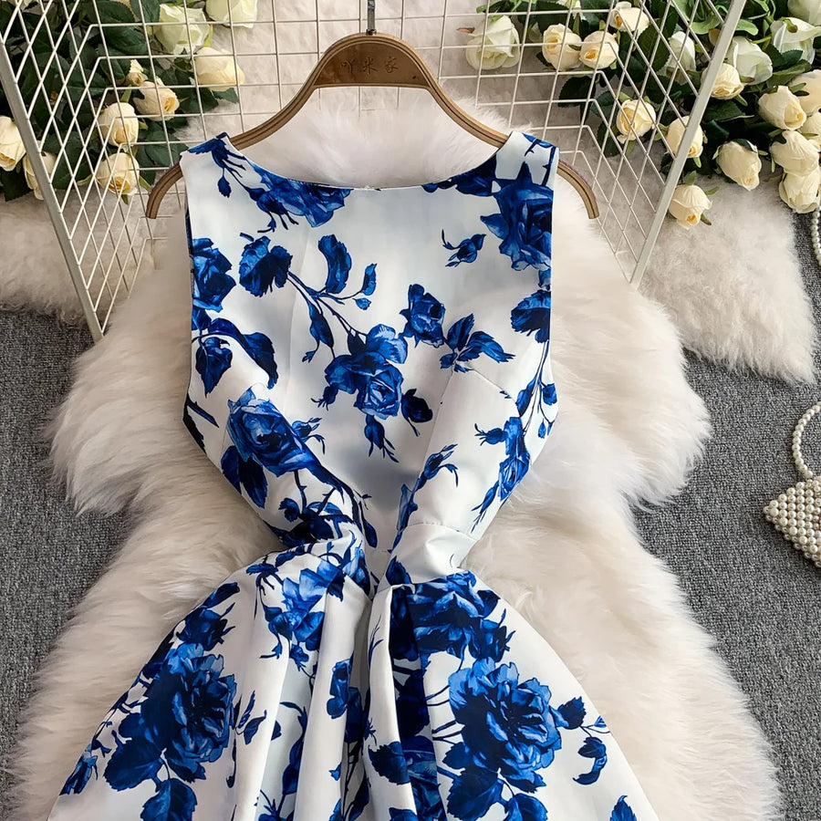 Fashion Elegant Print Sleeveless Dress Women 2026 Summer New Slim Waist Gown Ball Big Swing Robe Fresh Temperament Vestidos