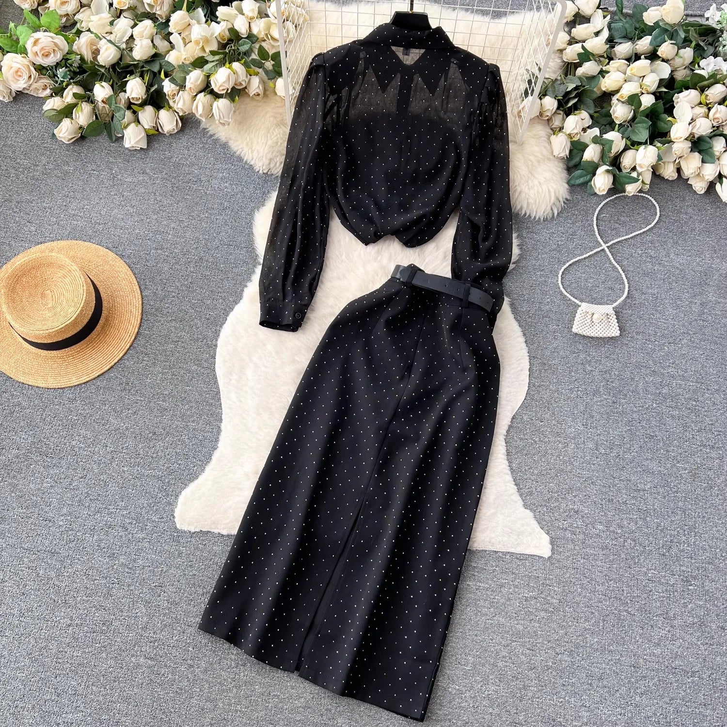 Autumn Elegant OL Polka Dot Black Two Pieces Set Women's Padded Shoulder Chiffon Shirt Top + Belt Srtaight Skirt Long Suits