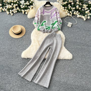 Casual Knitted Sets Ladies O Neck Loose Multicolor Tops+Basic Long Pants American Style High Quality Sweater Suits