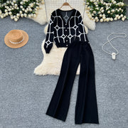 2 Piece Sets Single Breasted Print Cardigan + High Waist Wide Legs Pants