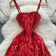 Women's long floral dress with thin straps, sleeveless, elastic, ruched with high-quality print