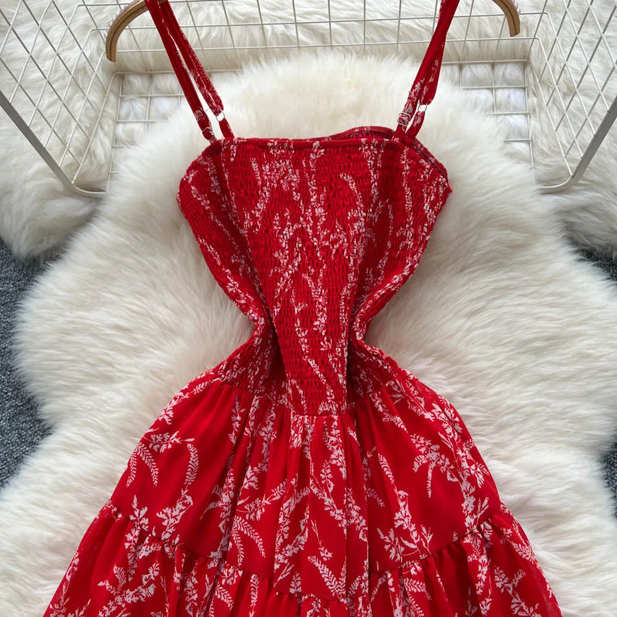 Women's long floral dress with thin straps, sleeveless, elastic, ruched with high-quality print