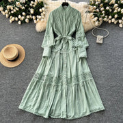 Elegant Long Lantern Sleeve Loose A Line Dress with Lace Patchwork and Pearl Buttons Belt High Quality