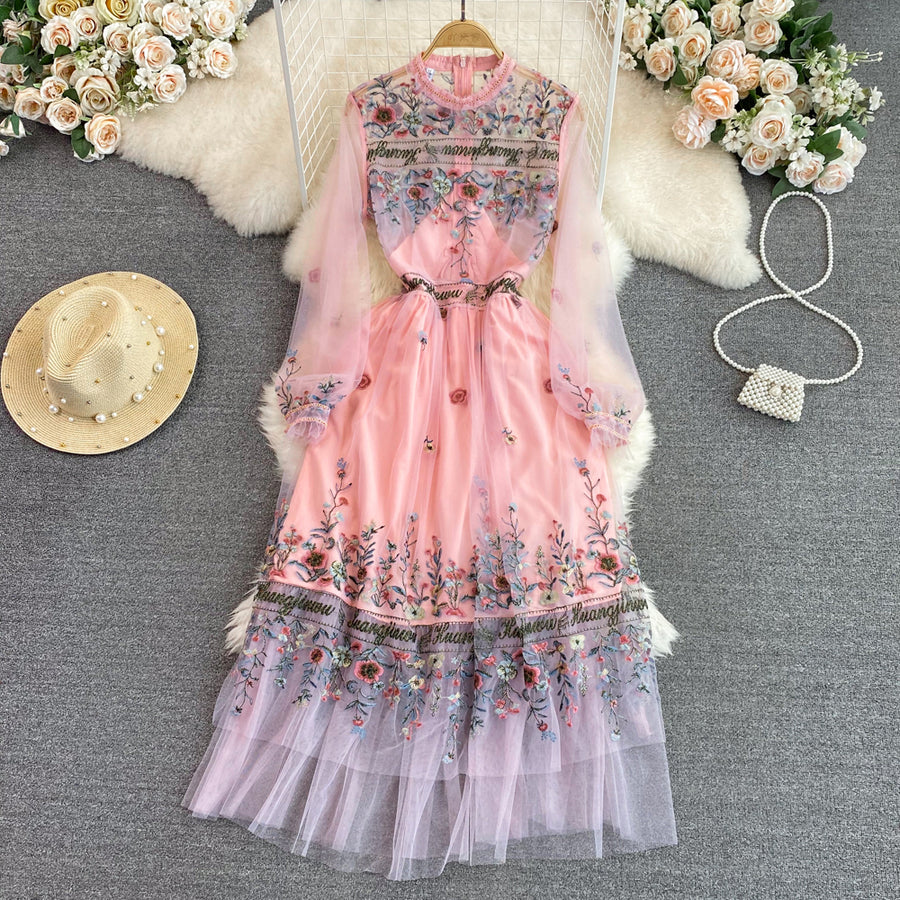 Temperament Flower Letter Embroidery Dress Long Sleeve Mesh Lace Ruffles High Quality