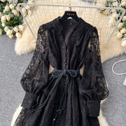 Luxury Embroidery Formal Dresses Women Summer Autumn Lantern Long Sleeve Lace Vestidos Pearl Prom Evening Birthday Dress Party