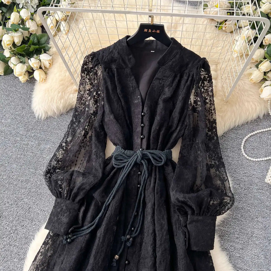 Luxury Embroidery Formal Dresses Women Summer Autumn Lantern Long Sleeve Lace Vestidos Pearl Prom Evening Birthday Dress Party