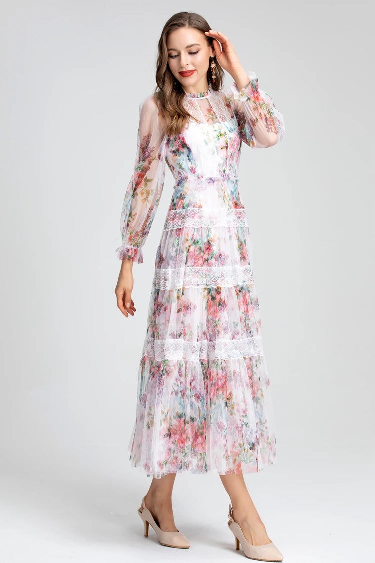 High Quality Tiered Lace Long Sleeve Floral Round Neck Dress