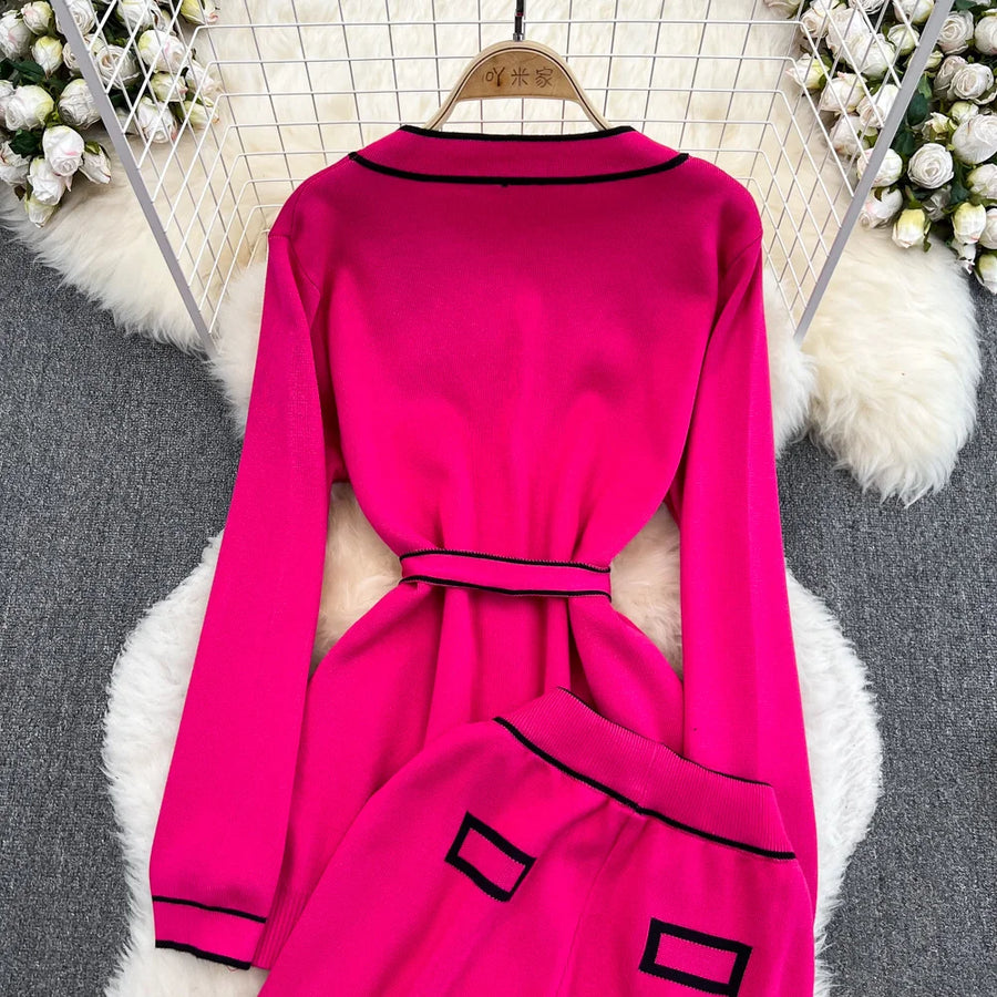 Women's Two-Piece Set Long-Sleeved Lace-up Waist V-Neck Mid-Length Knitted Cardigan Coat + Wide-Leg Pants