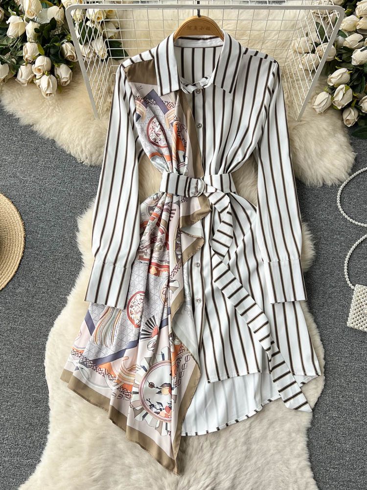 Striped Print Long Sleeve Dress, Silk Scarf Splicing Lace-up and High Quality Belt