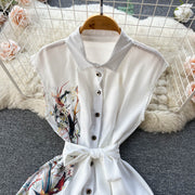 High Quality Bow Flower Print Sleeveless White Shirt Dress