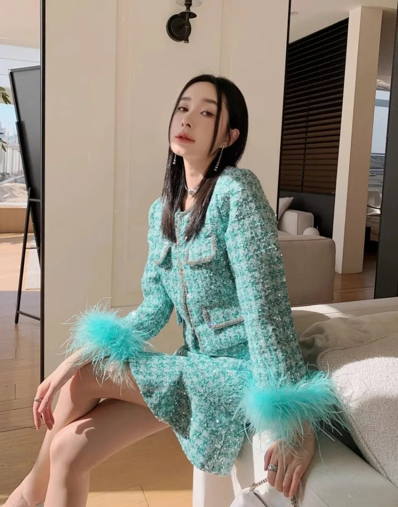 Shiny Diamonds Sequins Elegant Slim Fit Office Ladies Tweed Short Jacket High Waist A-Line Skirts Women Fashion Two Piece Set