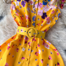 High quality belted ruffle sleeveless flower print dress