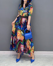 Multicolor three quarter sleeve midi dress with high quality belt