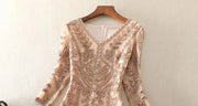 3/4 Sleeve V Neck Flower Embroidery Dress with High Quality Sequins