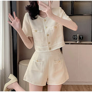Two 2 Piece Shorts Sets Women Tweed Shorts Suits Office Ladies Single-Breasted Short Sleeve Jacket Coat High Waist Shorts S-XL