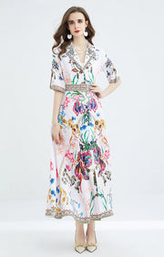 Long short-sleeved dress with flower print and high-quality belt