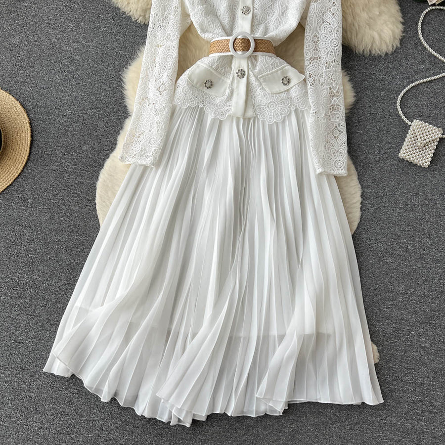 High Quality Long Sleeve Floral Embroidery Button Pleated White Elegant Dress