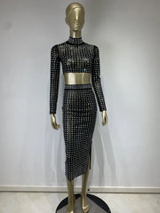 High Quality Shiny Black Mesh Studded High Neck Sexy Midi Bodycon Skirt Set