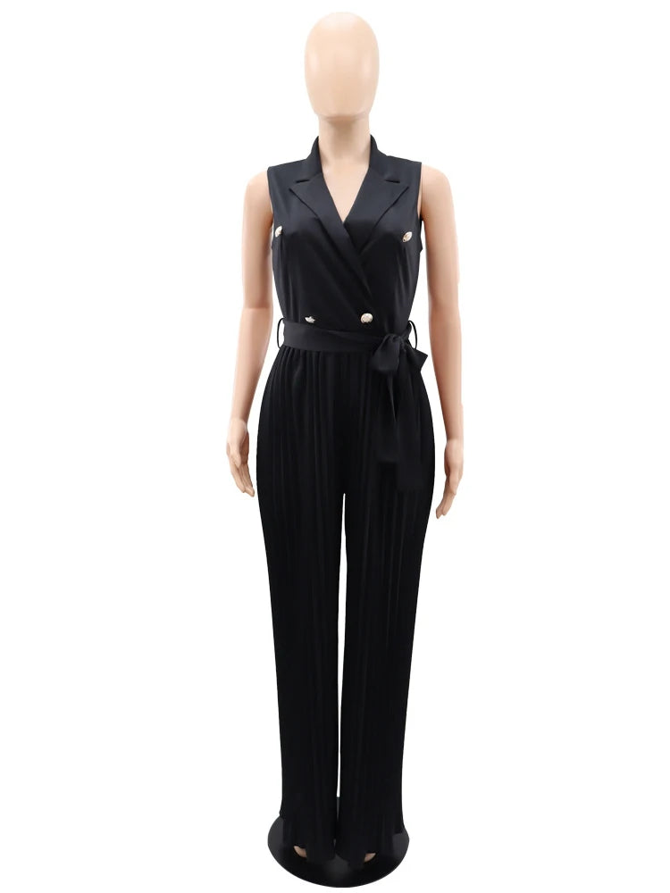 High Quality Back Notched Lapel Button Belt Wide Leg Pleated Sleeveless Jumpsuits