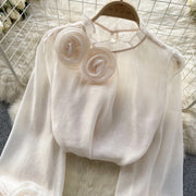 High Quality Loose Fit Fitted Lantern Sleeve Ruffled Chiffon Blouse