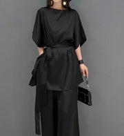 2 Piece Set Stylish Half Sleeve Blouses + With High Quality Wide Leg Long Pants