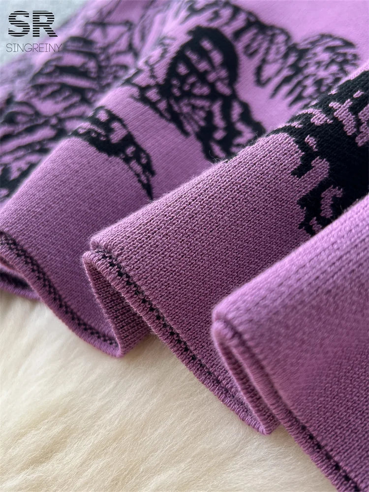 Jacquard Knitting Two Pieces Suits Women Long Sleeve O Neck Sweater+Wide Leg Pants Autumn Winter Warm Loose 2pcs Sets