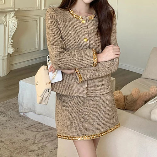 Autumn French Socialite Sequin Tweed Short Coat High Waist Slimming Mini Skirt Set Luxury Style Two Piece Sets Women Outfits