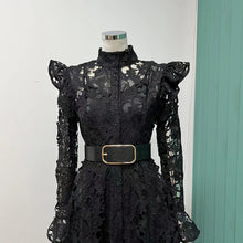 High quality French temperament water soluble lace single-breasted hollow long-sleeved dress