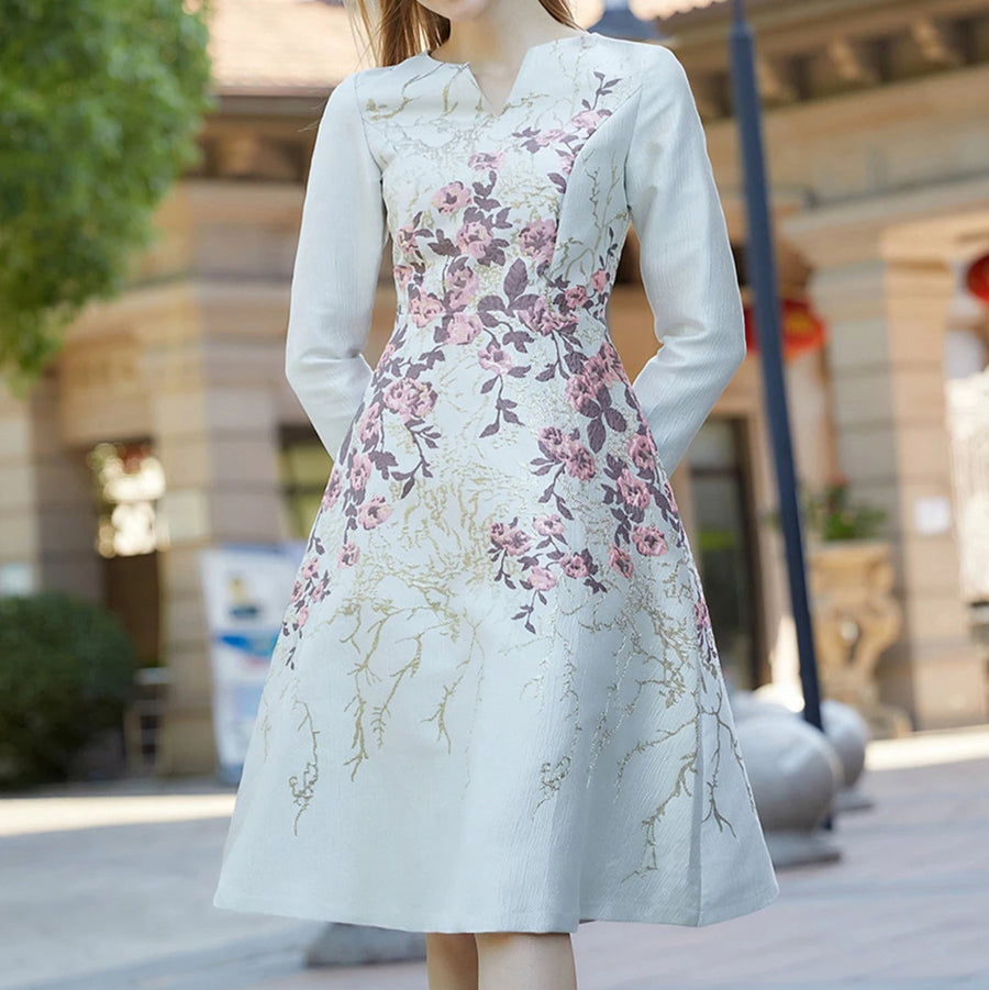 High Quality V Neck Long Sleeve Knee Length Floral Bohemian Dress