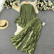 Two Piece Set Irregular Bubble Sleeve Loose Top + High Quality Solid Pleated Wide Leg Pants