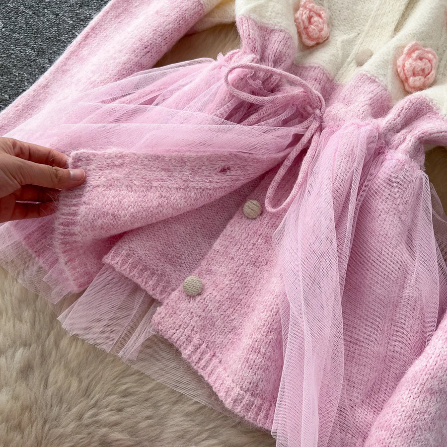 Elegant Knit Patchwork Two Pieces Sets Chic Vintage Cardigan High Waist Mesh Mermaid Skirt Casual Vacation Sets