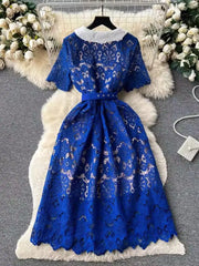 High quality short sleeve elegant blue white pink lace dress with gold buttons and belt below knee length.