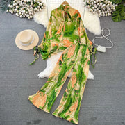 Elegant two-piece set pleated summer chiffon shirt + high-quality floral print pleated wide-leg pants