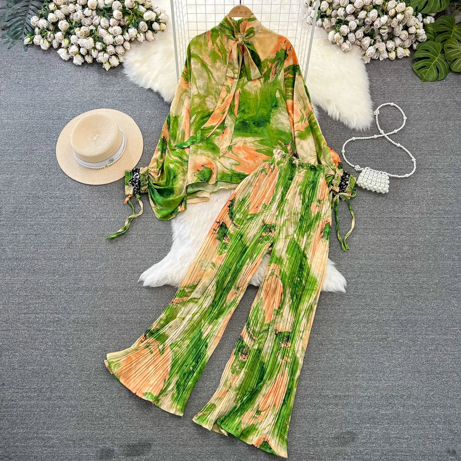 Elegant two-piece set pleated summer chiffon shirt + high-quality floral print pleated wide-leg pants