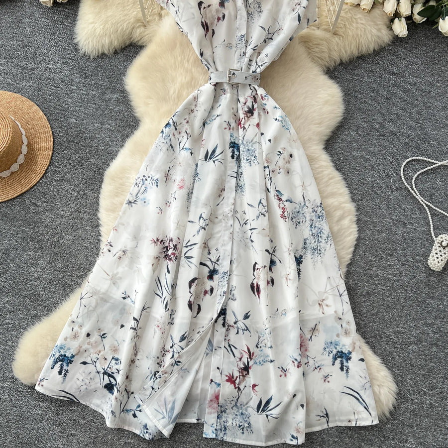 Dress Women Long Dresses High Waist Vestidos Polo Collar Short Sleeve Elegant Splice Y2k Streetwear Work Party Night Print