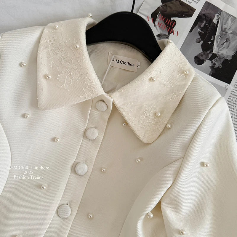 Two-piece set Elegant short jacket and long skirt suit with luxury pearl beads for women, high quality