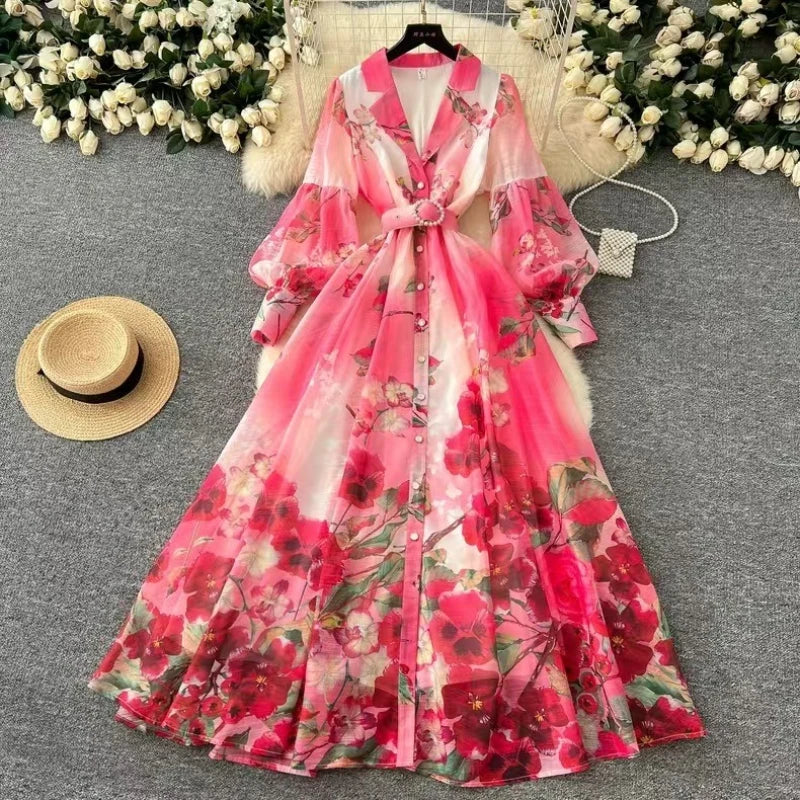 Long Dress Women Dresses Print Floral Turn Down Collar A Line Vestidos Lantern Sleeve Elegant High Waist Y2k 2025 Streetwear