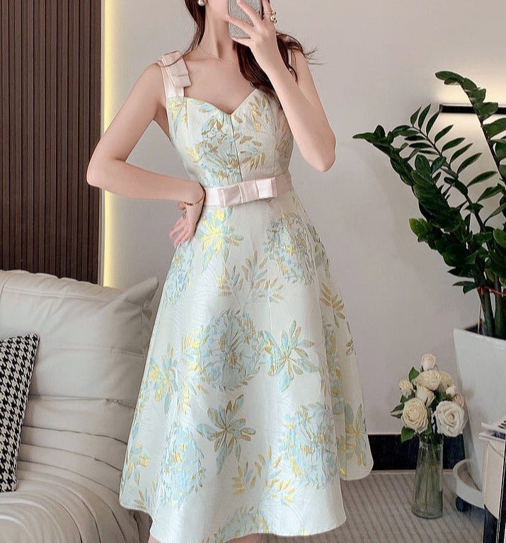 High Quality Elegant Sleeveless French Gorgeous Flower Jacquard Dress