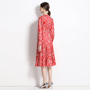 High Quality Vintage Floral Print Cross V Neck Long Sleeve Pleated Midi Dress