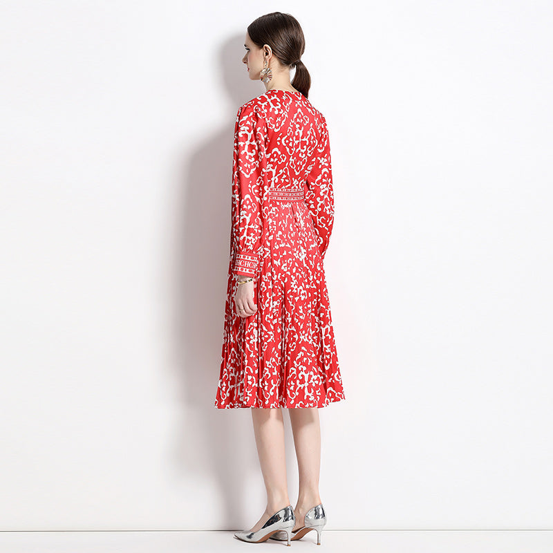 High Quality Vintage Floral Print Cross V Neck Long Sleeve Pleated Midi Dress