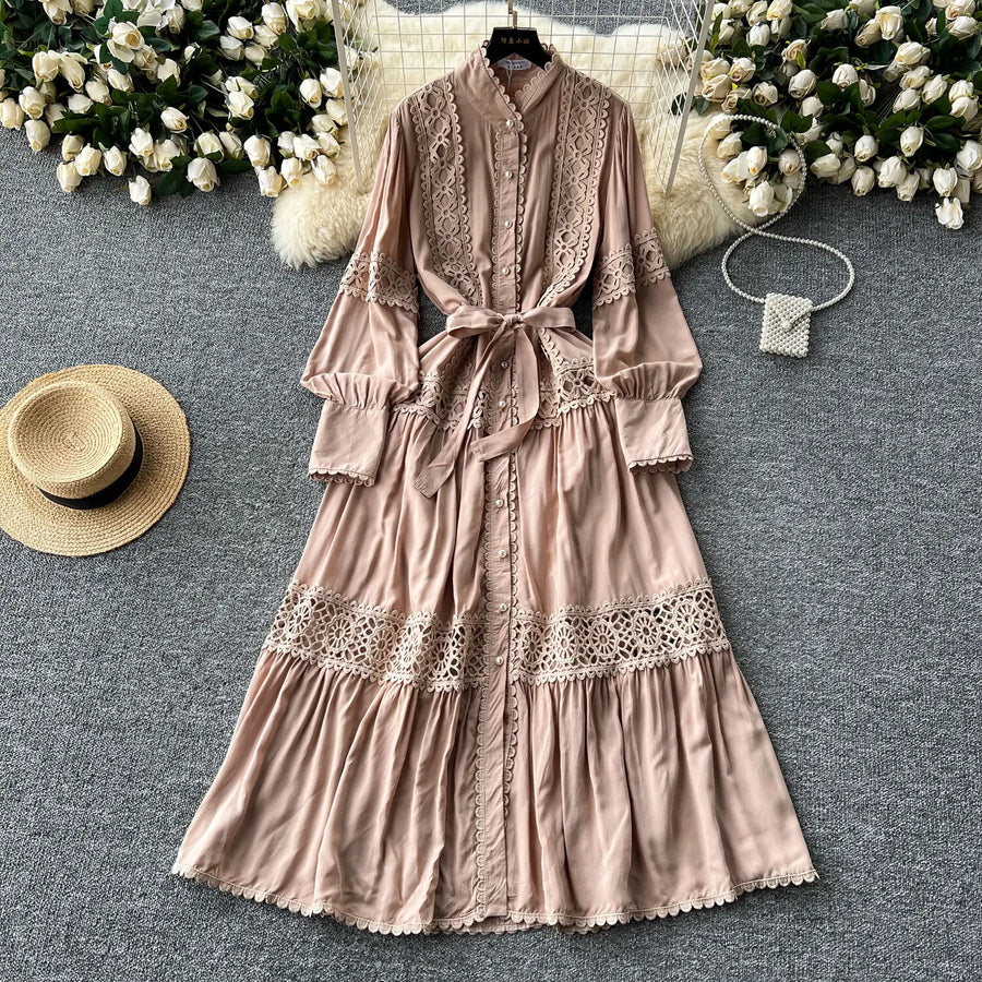 Elegant Long Lantern Sleeve Loose A Line Dress with Lace Patchwork and Pearl Buttons Belt High Quality