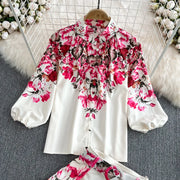 Fashion Spring Runway 2 Piece Sets For Women Turn Down Collar Floral Print Blouse And Shorts Suit Office Lady Outfits
