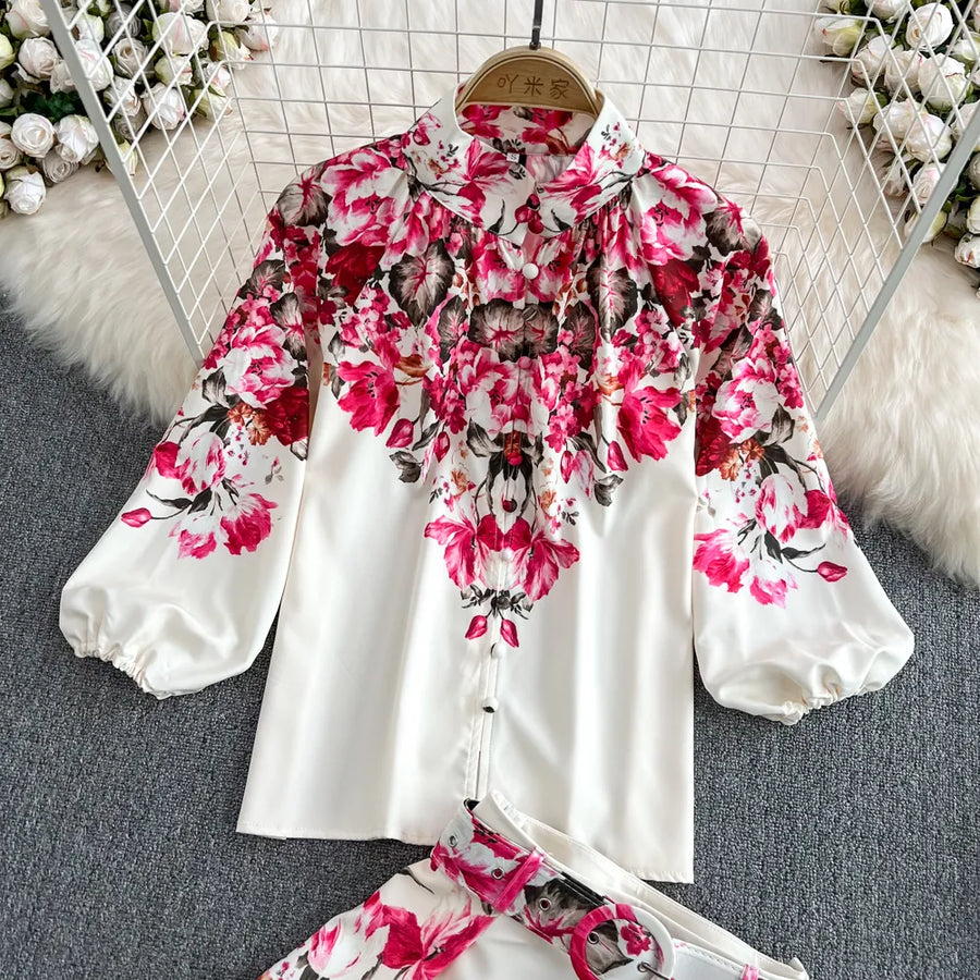 Fashion Spring Runway 2 Piece Sets For Women Turn Down Collar Floral Print Blouse And Shorts Suit Office Lady Outfits