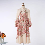Elegant dress with floral print, high neck, long sleeves with high-quality belt
